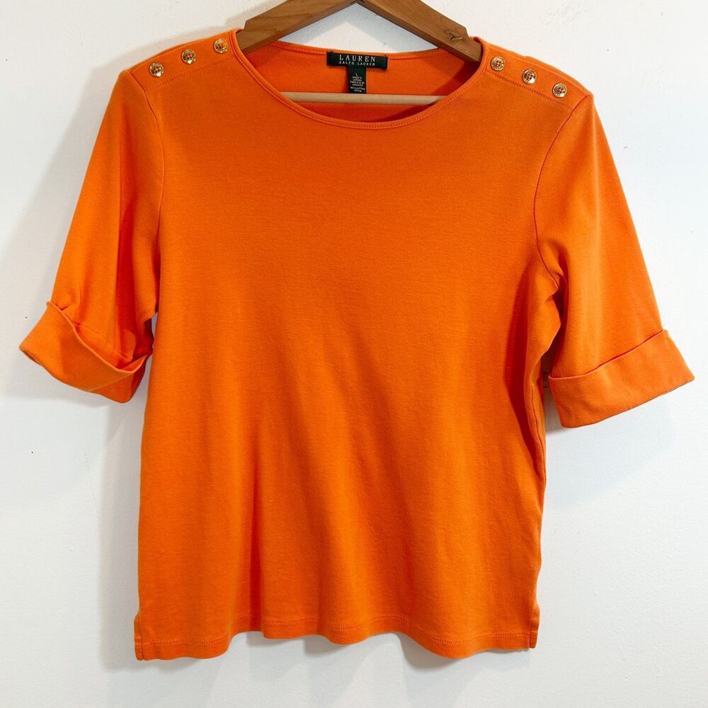 Lauren Ralph Lauren Orange Boat Neck Knit Top Large 100% Cotton Nautical Preppy